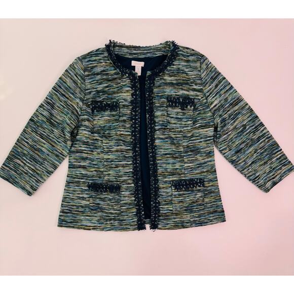 Chico’s Green Teal Tweed Open Front Blazer Cardigan Jacket Size 1 (Medium) - Picture 6 of 9